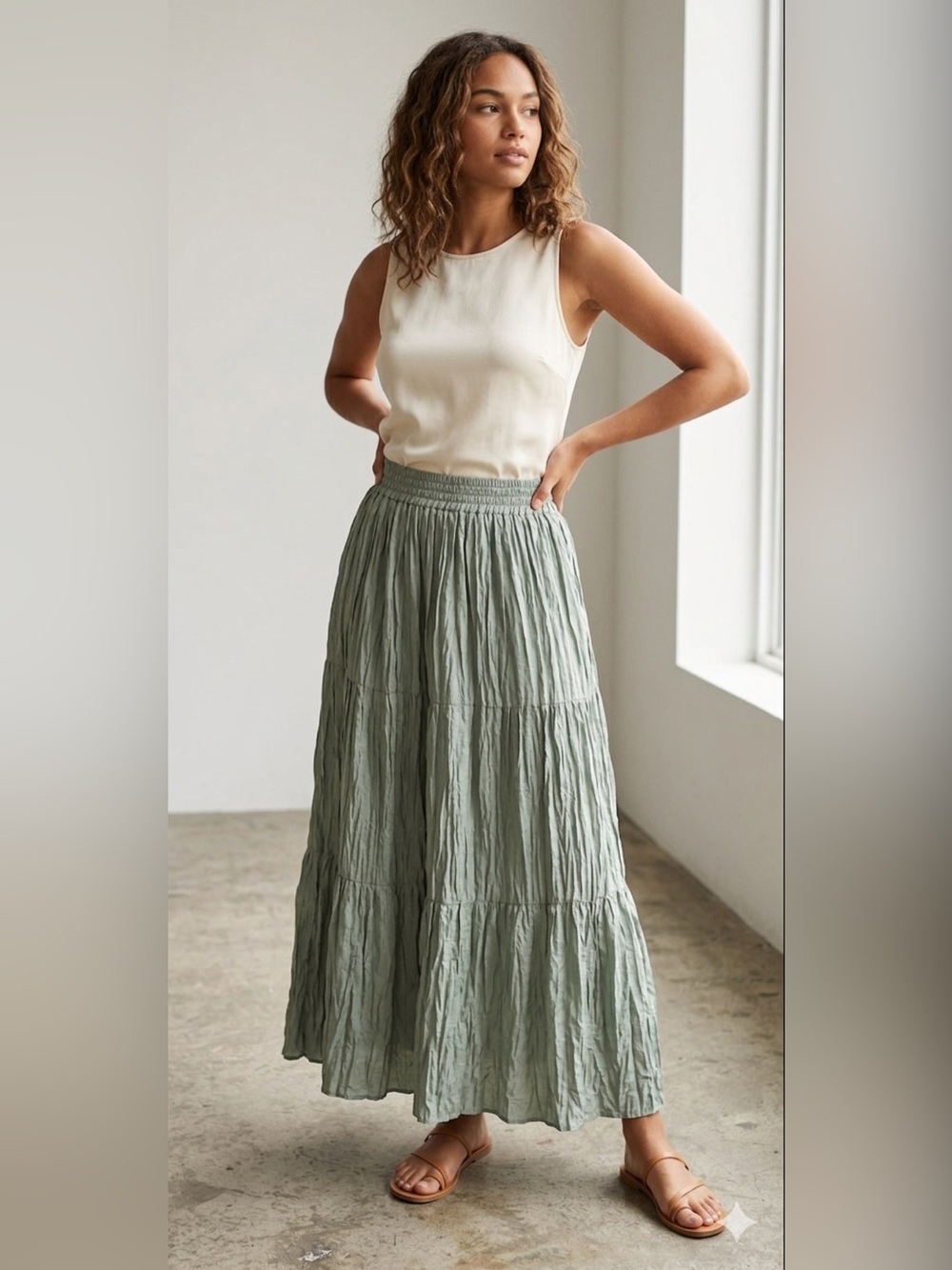 Soji 100% Silk Crinkled Tiered Midi Skirt - Sage Mint Green - Size Large - Picture 9 of 11